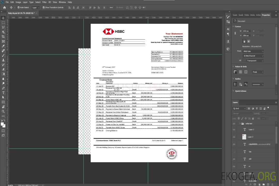 Modèle Word et PDF de relevé bancaire HSBC du Royaume-Uni, version 2 template Modèle Word et PDF de relevé bancaire HSBC du Royaume-Uni, version 2 template